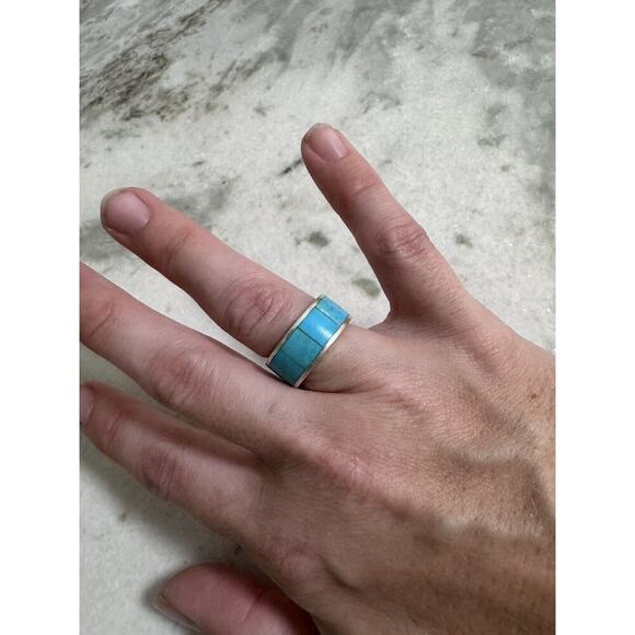 Vintage Sterling Silver Peyote Bird Signed Turquoise Inlay Ring Size 6 - Picture 9 of 10